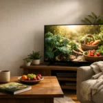 Cozy living room with vegan documentary on screen