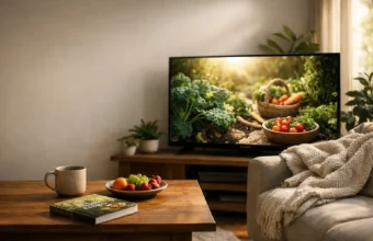 Cozy living room with vegan documentary on screen