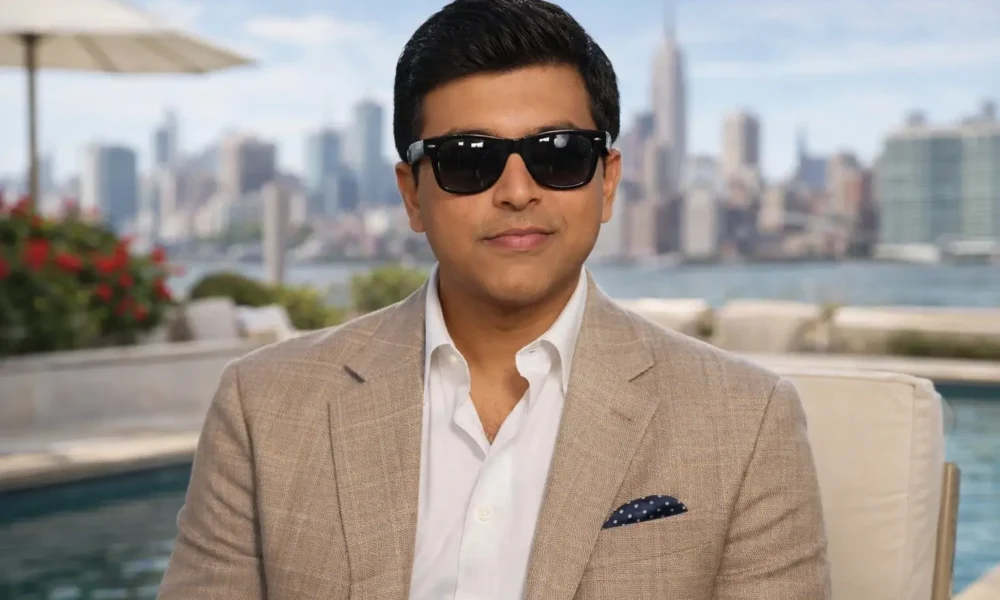 Man wearing black sunglasses, a beige blazer, and white shirt while sitting outdoors with a city skyline in the background