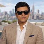 Man wearing black sunglasses, a beige blazer, and white shirt while sitting outdoors with a city skyline in the background
