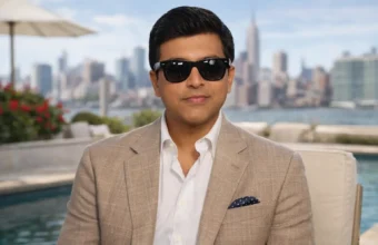 Man wearing black sunglasses, a beige blazer, and white shirt while sitting outdoors with a city skyline in the background