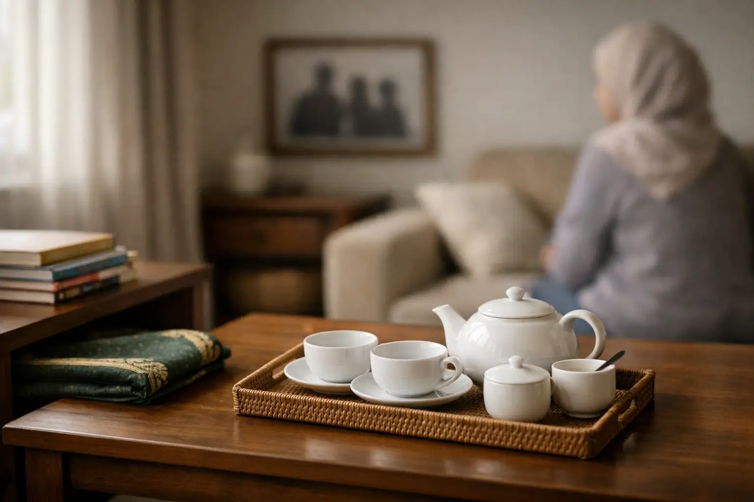 Quiet family home scene with warm natural light