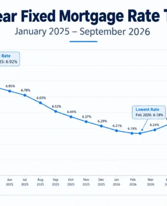 Line chart showing the 30-year fixed mortgage rate trend from January 2025 to September 2026, with rates peaking at 6.92% in May 2025, reaching a low of 6.18% in February 2026, and ending at 6.28% in September 2026.